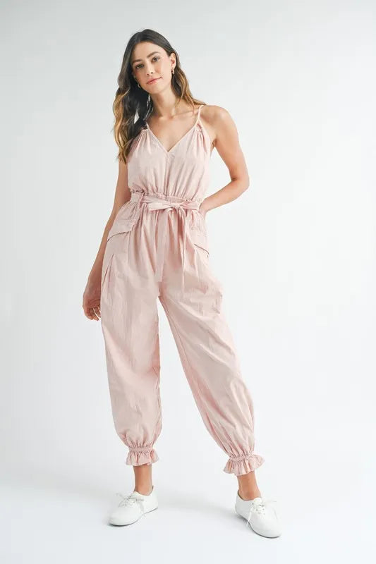 MABLE Washed Fabric Spaghetti Strap Waist Belted Jumpsuit Pink