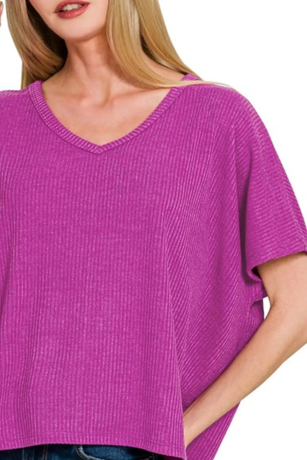 Zenana Ribbed V-Neck Short-Sleeve Knit Top