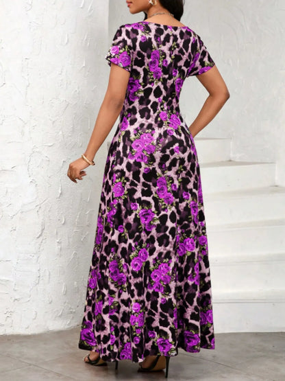 Printed Round Neck Short Sleeve Maxi Tee Dress