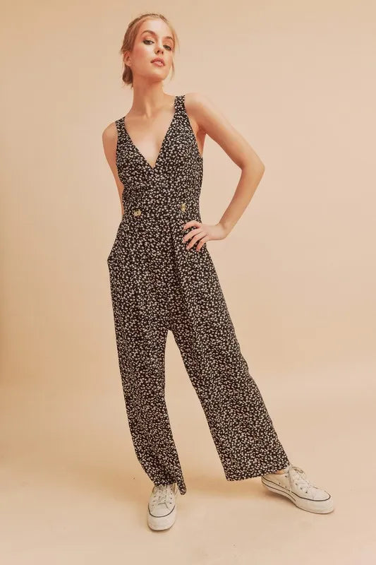 Aemi + Co Ditsy Floral Surplice Sleeveless Wide Leg Jumpsuit Black