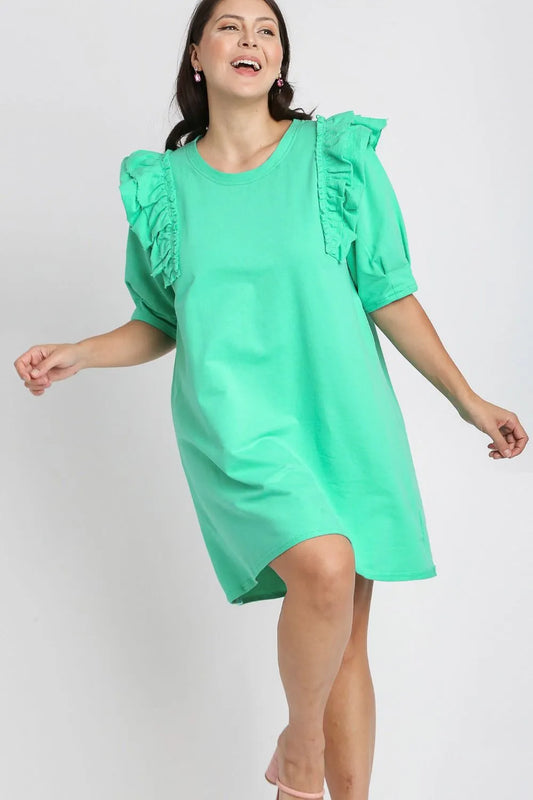 Umgee Full Size French Terry Ruffles Sleeve with Pleats Plus Size