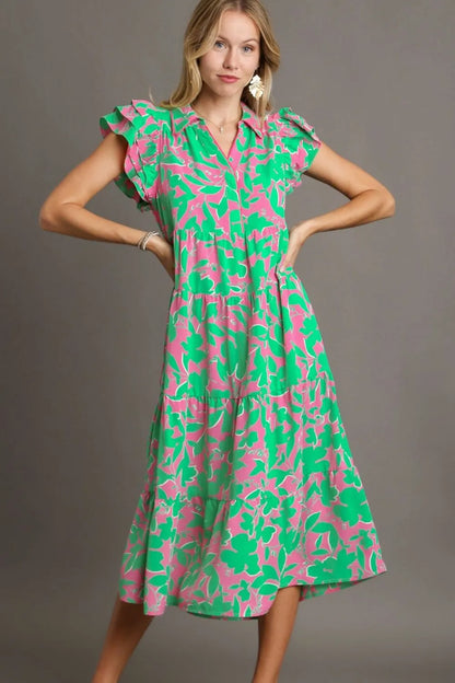 Umgee Full Size Floral Collared Ruffle Cap Sleeve Midi Dress Plus Size EMERALD MIX