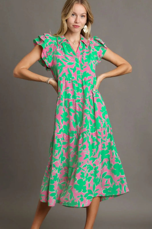 Umgee Full Size Floral Collared Ruffle Cap Sleeve Midi Dress Plus Size EMERALD MIX