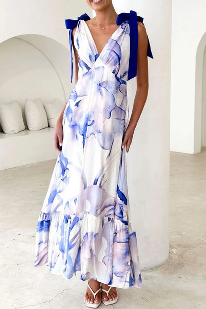 Printed V-Neck Tie Shoulder Midi Cami Dress