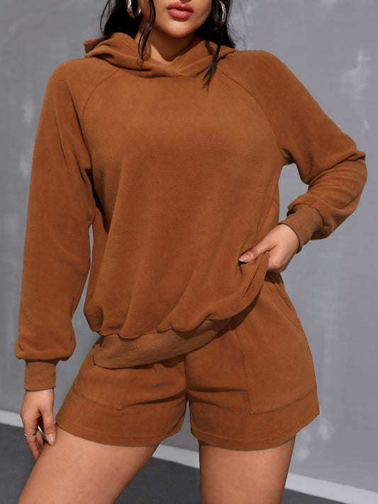 Long Sleeve Hoodie and Pocketed Shorts Set Caramel