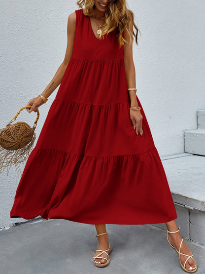 FAM-FAM Tiered V-Neck Sleeveless Dress Burgundy