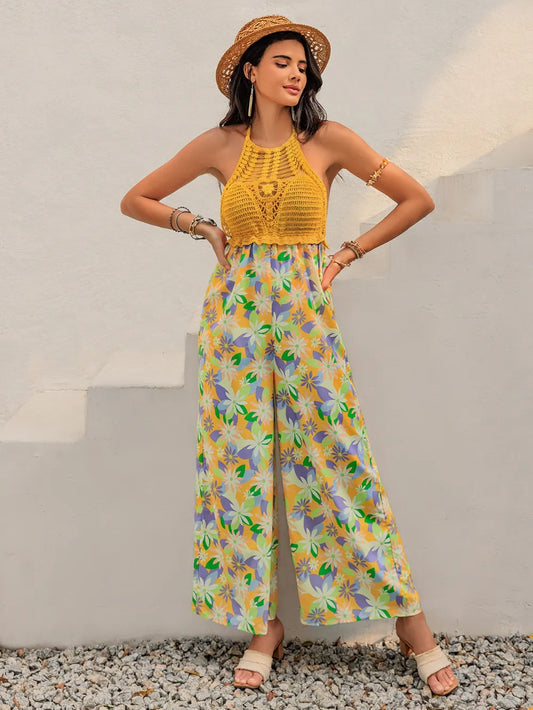 Openwork Halter Neck Floral Wide Leg Jumpsuit Gold