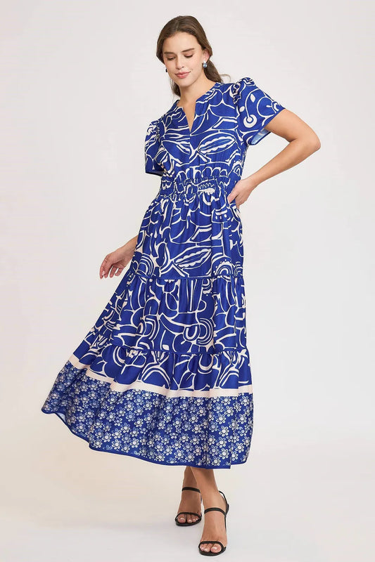 Umgee Full Size Printed Notched Short Sleeve Tiered Dress Plus Size Royal Blue