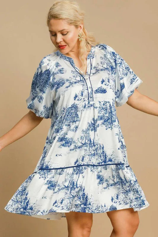 Umgee Full Size Two Tone Landscape Print Dress Plus Size