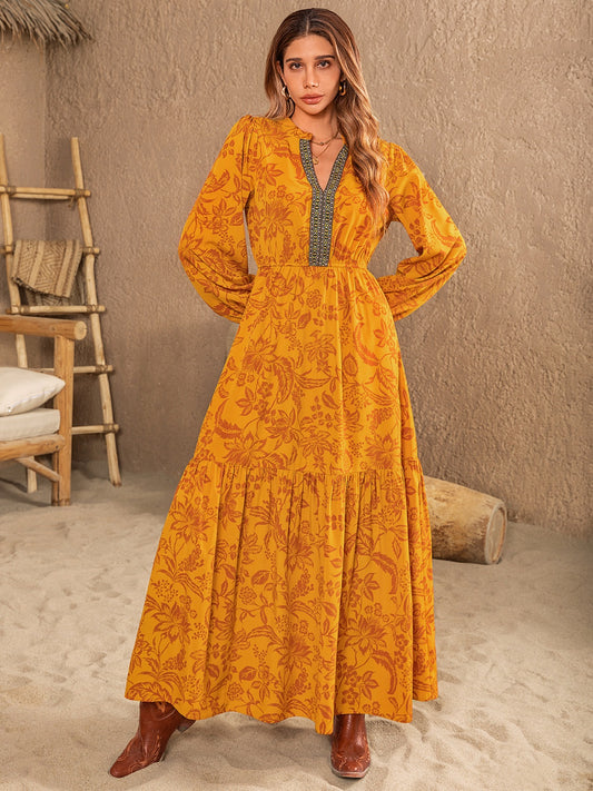 Printed Notched Balloon Sleeve Dress Mustard