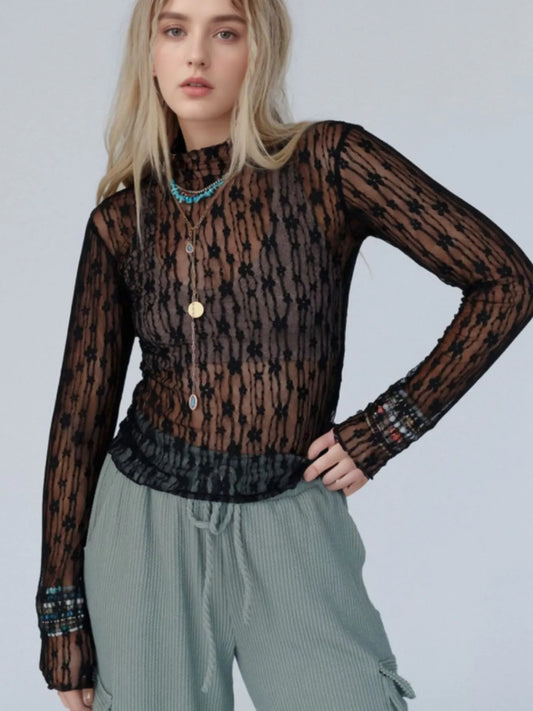 Lace See-Through Long Sleeve Blouse