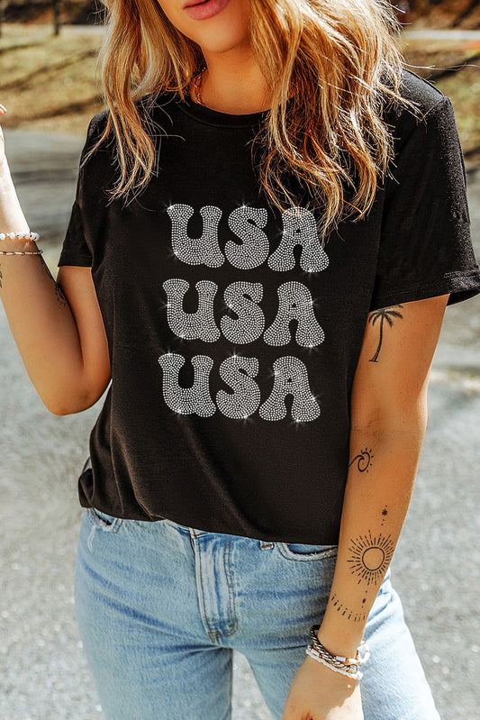 USA Rhinestone Round Neck Short Sleeve T-Shirt Black