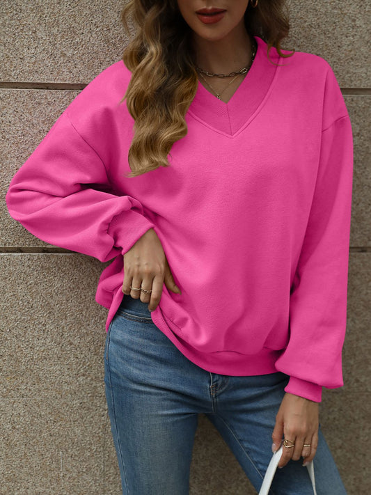 V-Neck Long Sleeve Dropped Shoulder Sweatshirt Fuchsia Pink