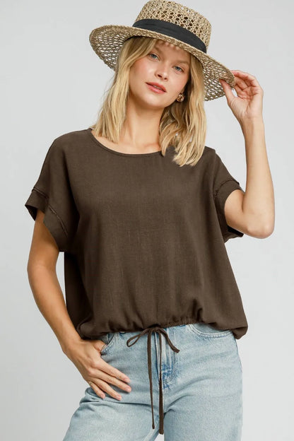 Umgee Drawstring Hem Round Neck Short Sleeve T-Shirt Coffee Brown