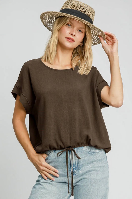 Umgee Drawstring Hem Round Neck Short Sleeve T-Shirt Coffee Brown