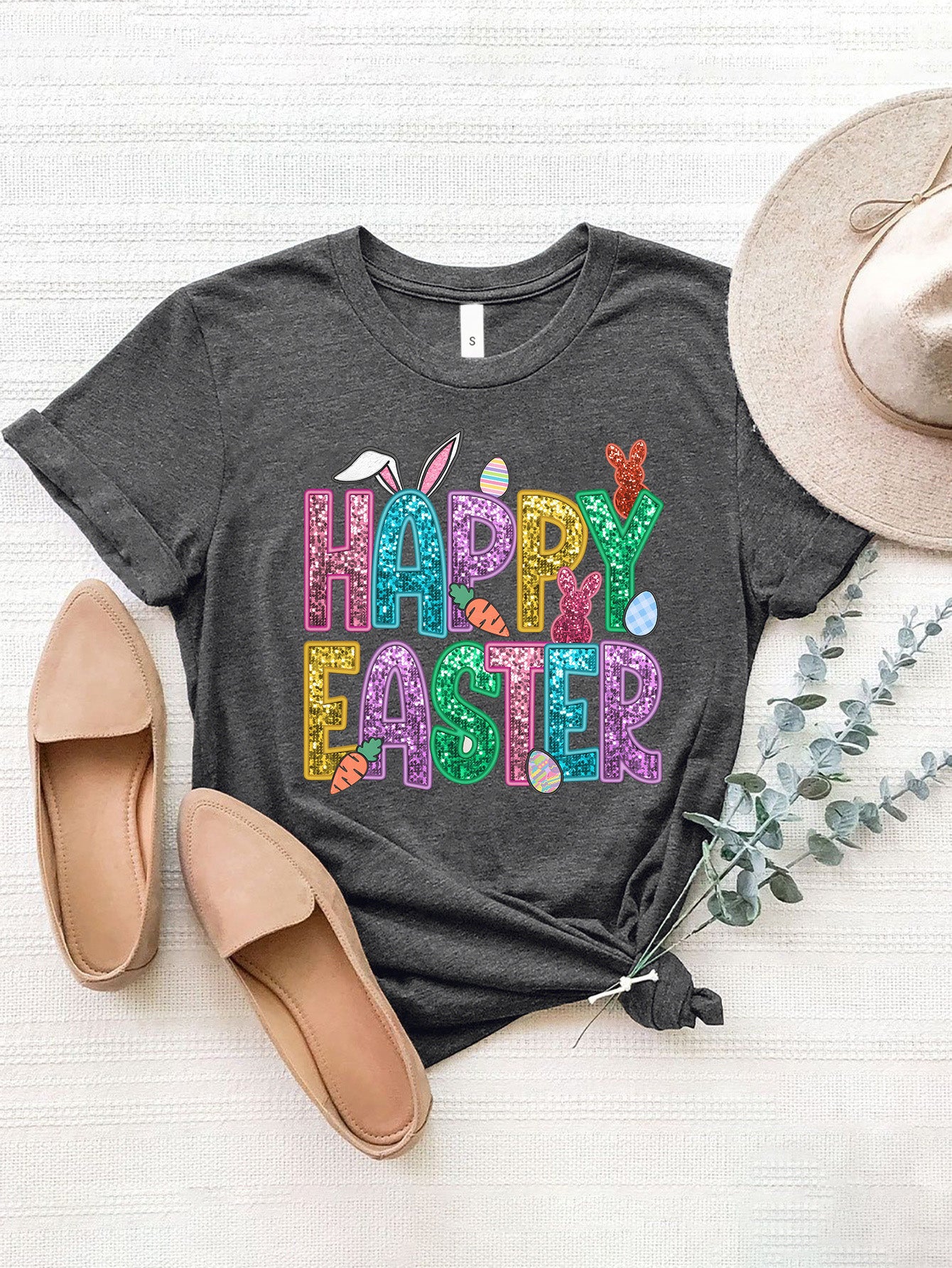 HAPPY EASTER Round Neck Short Sleeve T-Shirt Dark Gray