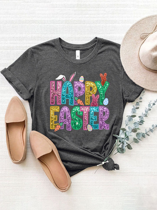 HAPPY EASTER Round Neck Short Sleeve T-Shirt Dark Gray