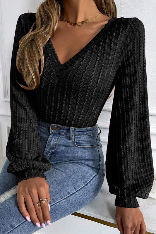 V-Neck Long Sleeve Knit Top Black