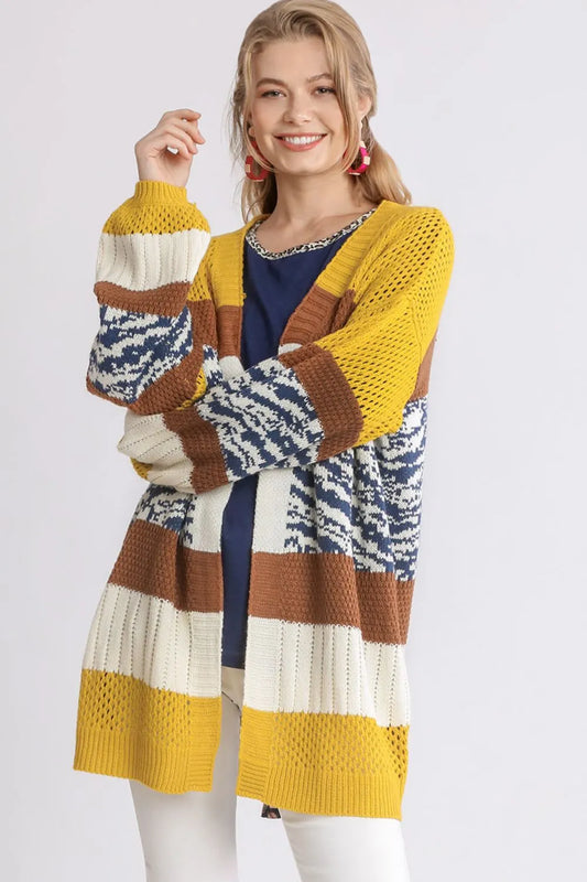 Umgee Full Size Color Block Open Front Longline Cardigan Plus Size GOLD BROWN