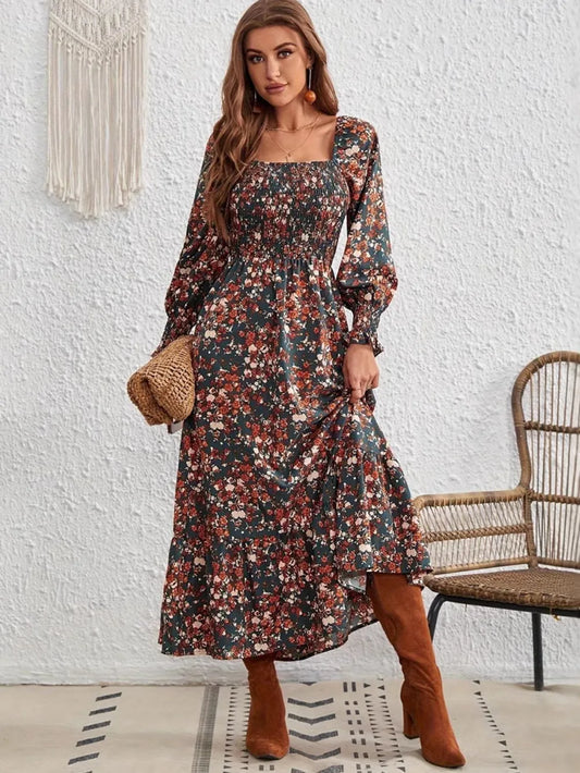 Smocked Floral Square Neck Long Sleeve Dress Dark Green