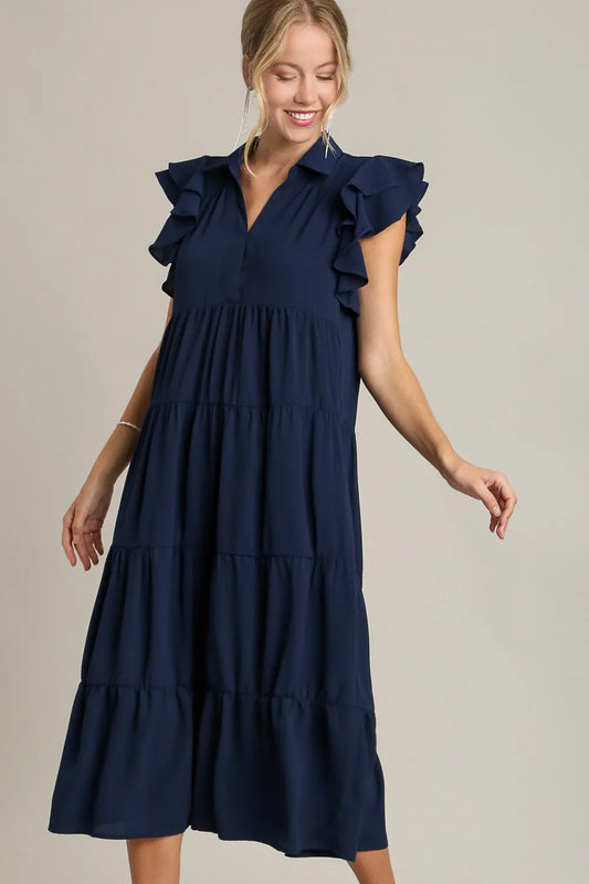 Umgee Full Size Johnny Collar Ruffle Cap Sleeve Tiered Dress Plus Size Dark Navy