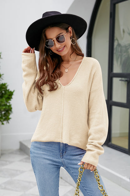 V-Neck Drop Shoulder Long Sleeve Knit Top Pastel Yellow