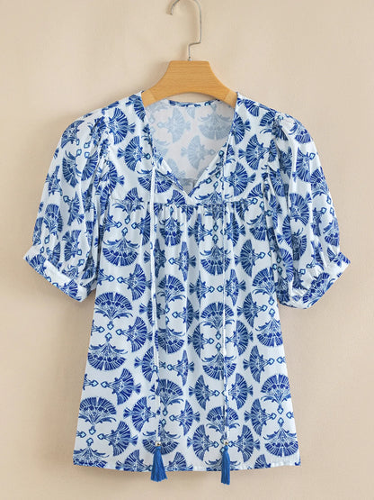 Printed Tassel Tie Neck Blouse