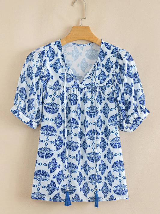 Printed Tassel Tie Neck Blouse