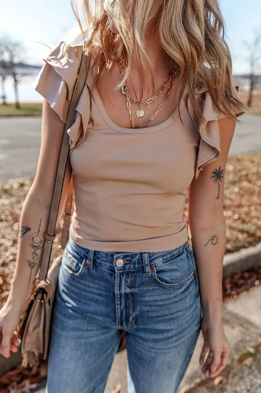 Ribbed Knit Ruffled Cap Sleeve Slim Fit Top Mocha