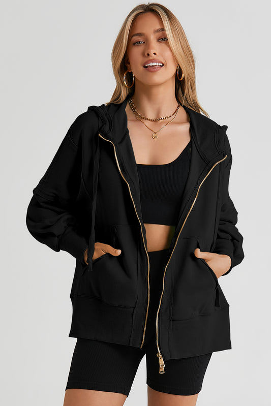 Zip Up Long Sleeve Drawstring Hoodie Black