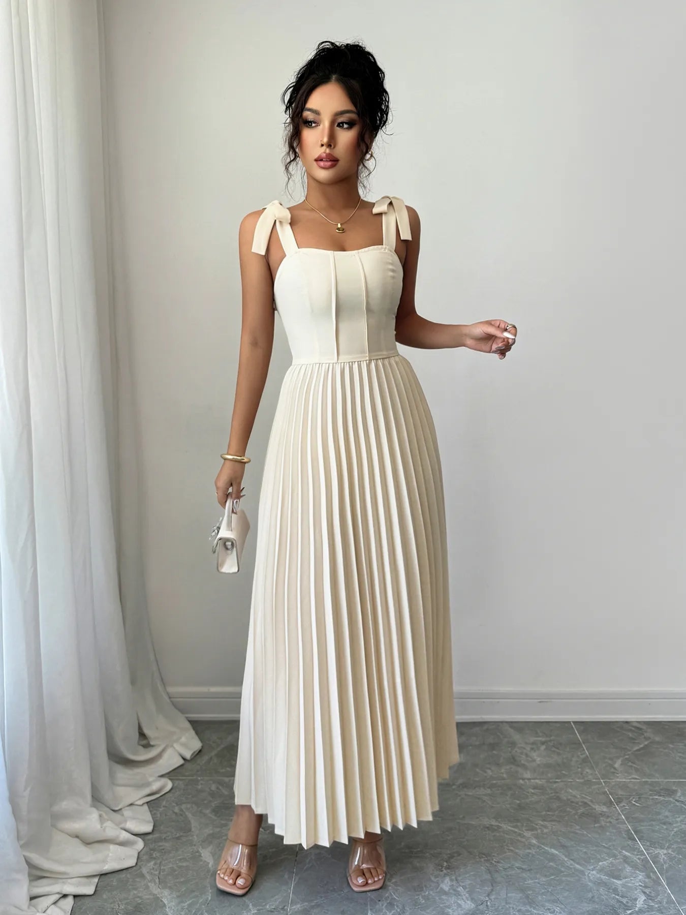 Pleated Tie-Shoulder Maxi Dress