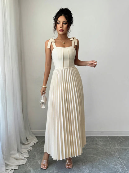 Pleated Tie-Shoulder Maxi Dress