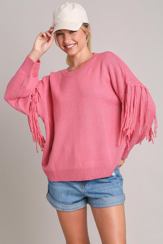 Umgee Full Size Fringe Round Neck Long Sleeve Sweater Plus Size Hot Pink