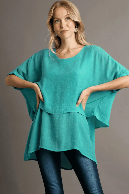 Umgee Full Size Cuffed Half Sleeve Layered Top Plus Size Turquoise