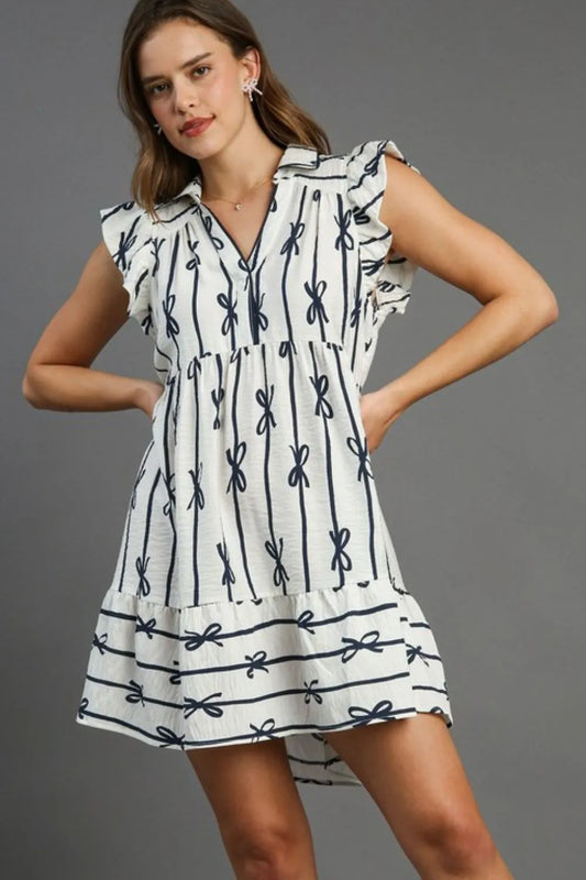 Umgee Full Size Ribbon Collared Mini A-Line Dress Plus Size Ivory