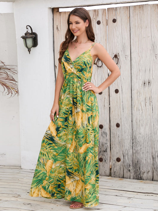 Printed Surplice Spaghetti Strap Dress Yellow-Green
