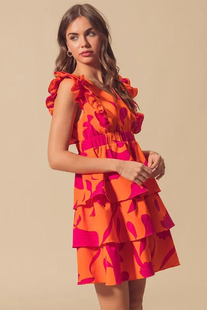 SO ME Floral V Neck Layered Dress with Elasticized Waist