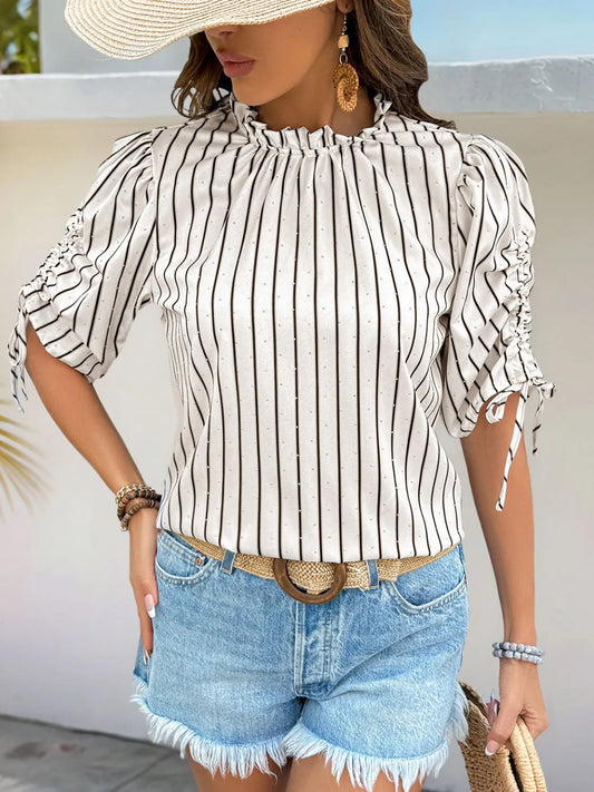 Drawstring Striped Half Sleeve Blouse