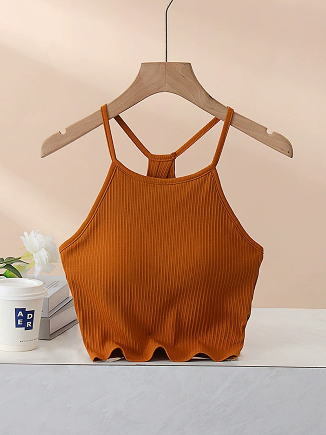 Grecian Neck Cropped Tank with Chest Pads Caramel