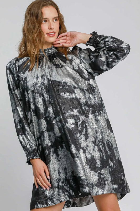 Umgee Full Size Mock Neck Flounce Sleeve Metallic Dress Plus Size Black