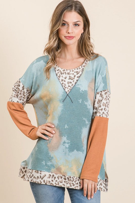 BiBi Tie-Dye Leopard Terry Round Neck Long Sleeve T-Shirt