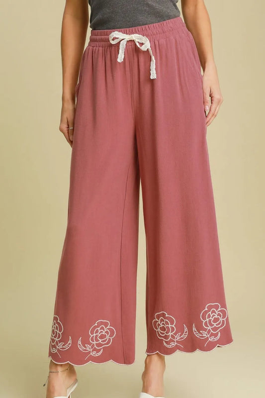 Umgee Full Size Linen Blend Wide Leg Pants with Scalloped Hemline Plus Size Dusty Pink