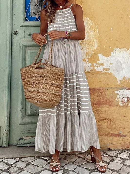 Tiered Striped Sleeveless Cami Dress Light Gray