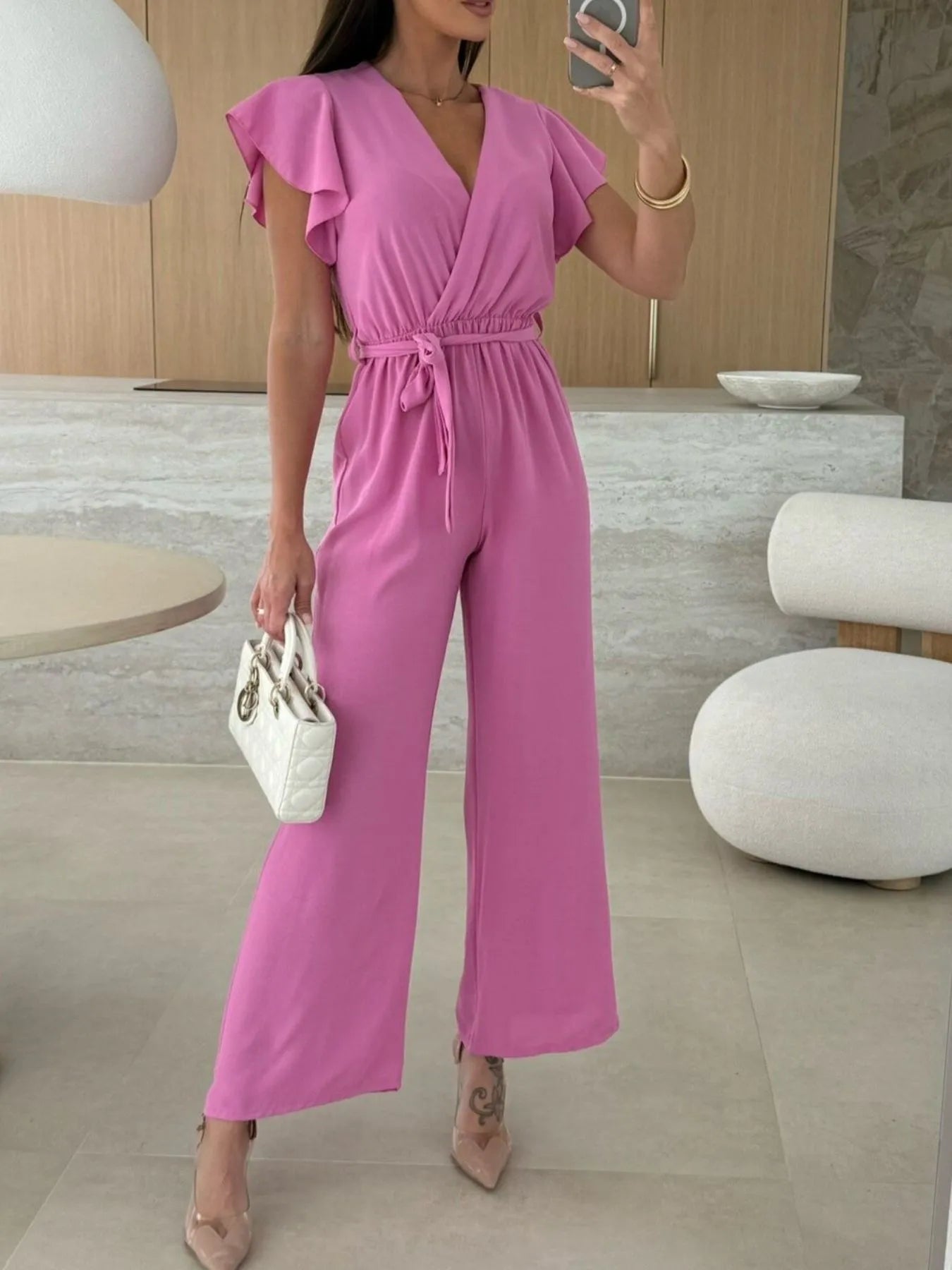 Surplice Wide Leg Belted Jumpsuit Fuchsia Pink