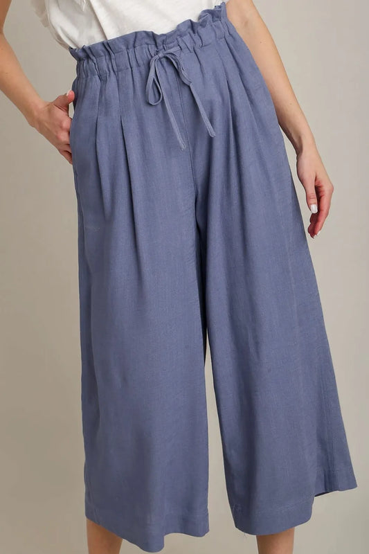 Umgee Full Size Linen Wide Fit Pants with Drawstring Plus Size Dusty Blue