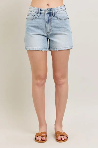 Judy Blue Full Size Frayed Hem High Rise Denim Shorts with Pockets Plus Size Light