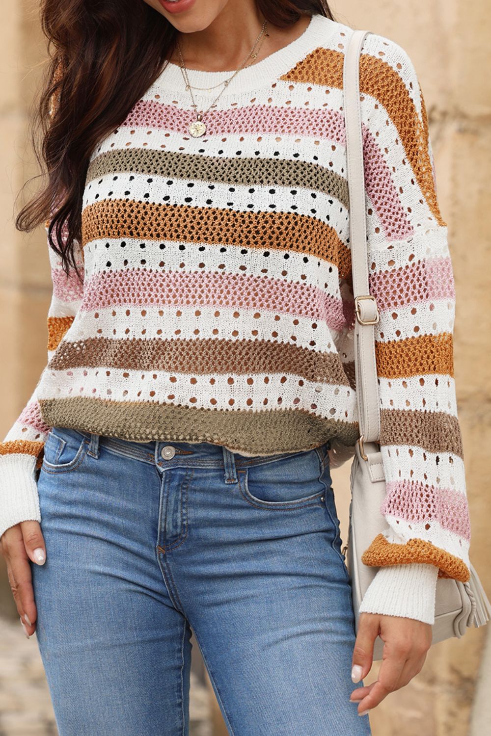 Striped Round Neck Hollowed Sweater Stripe