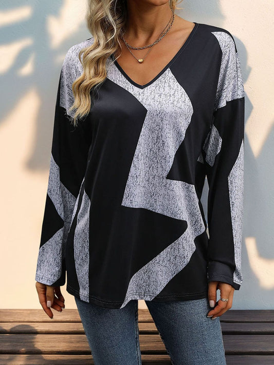 Perfee Color Block V-Neck Long Sleeve T-Shirt Black