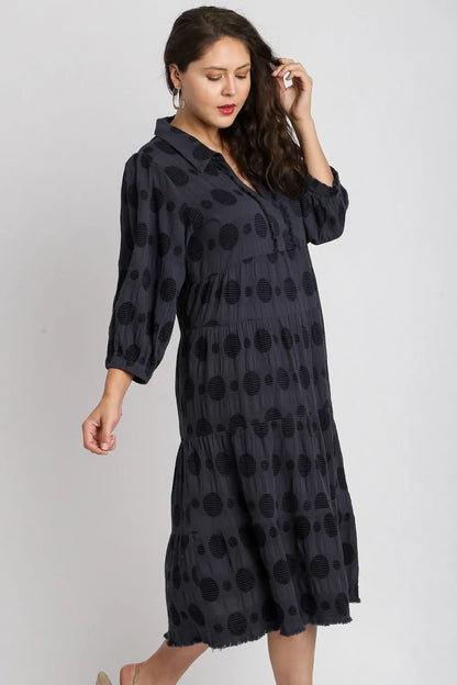 Umgee Full Size Solid Dotted Jacquard Midi Dress Plus Size
