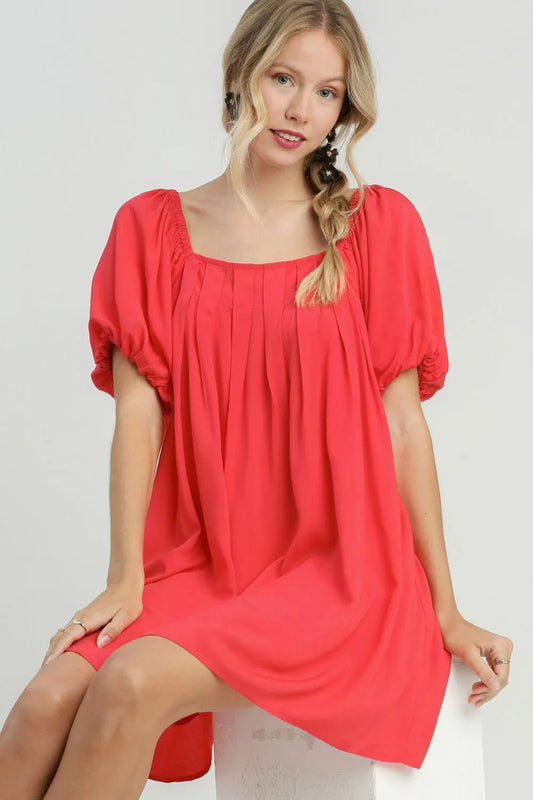 Umgee Full Size Squared Neck Puff Sleeve Mini Dress Plus Size Red